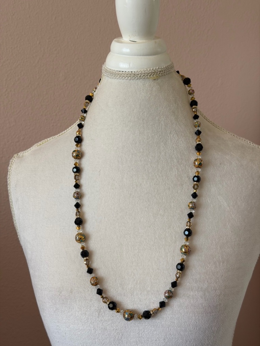 Sterling Floral Cloisonné & Faceted Black Glass Bead Necklace -Butterfly clasp